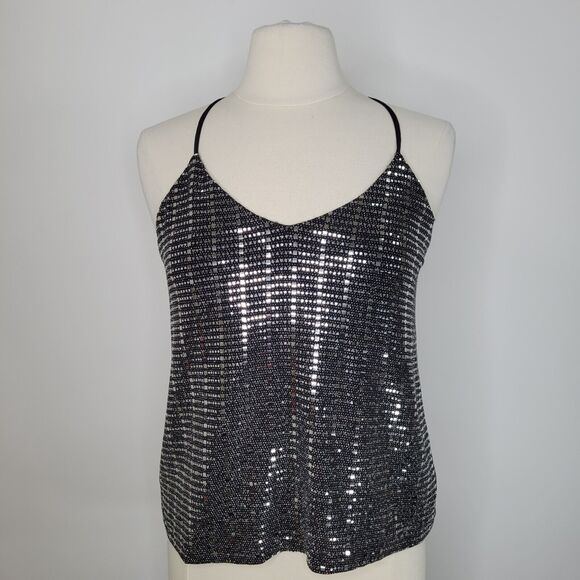 Chelsea28 Tops - CHELSEA28 Sequin Cami Top Size S Silver Mirrored Dainty Crisscross Strappy